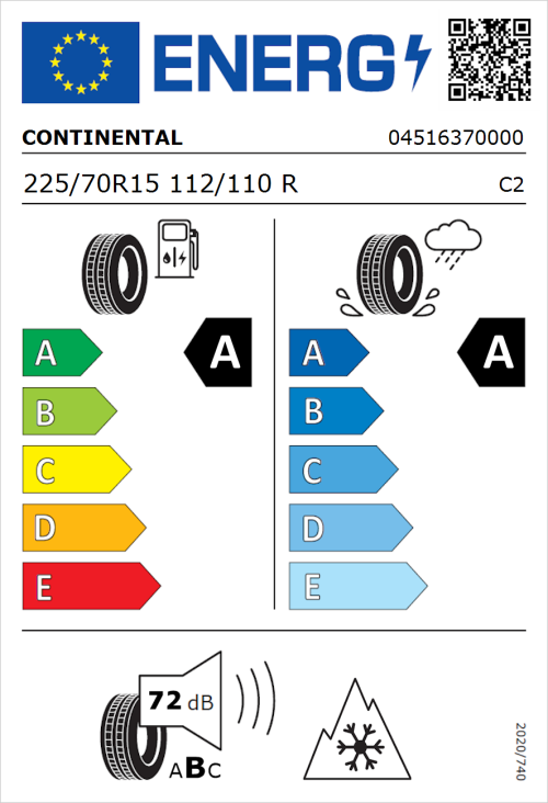 Tyre Label for Continental VanContact Eco 225/70R15 112/110R