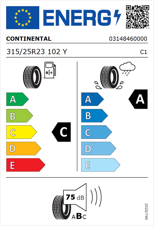 Tyre Label for Continental SportContact 7 315/25R23 102Y