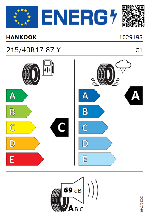 Tyre Label for Hankook Ventus Prime 4 (K135) 215/40R17 87Y