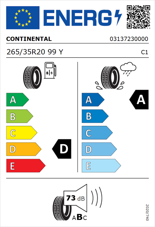 Tyre Label for Continental SportContact 7 265/35R20 99Y