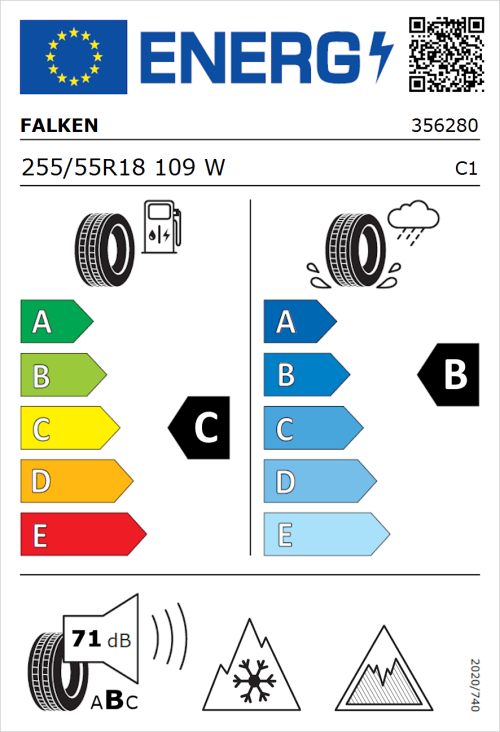 Tyre Label for Falken Euroall Season AS220 PRO 255/55R18 109W