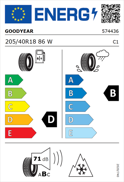 Tyre Label for Goodyear Ultragrip Performance+ 205/40R18 86W