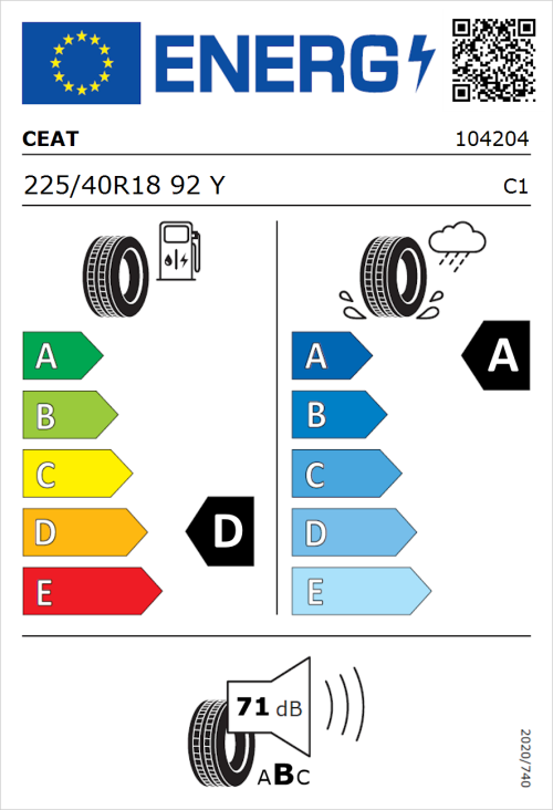 Tyre Label for CEAT SportDrive 225/40R18 92Y