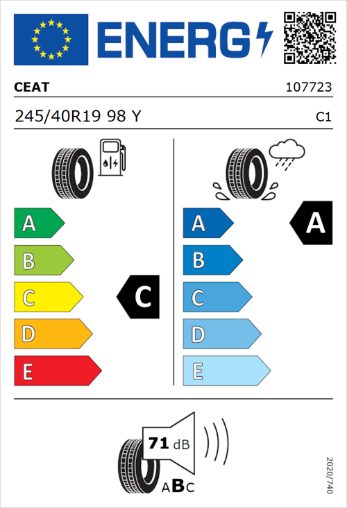 Tyre Label for CEAT SportDrive 245/40R19 98Y