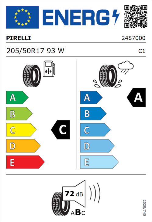 Tyre Label for Pirelli Cinturato P7 205/50R17 93W